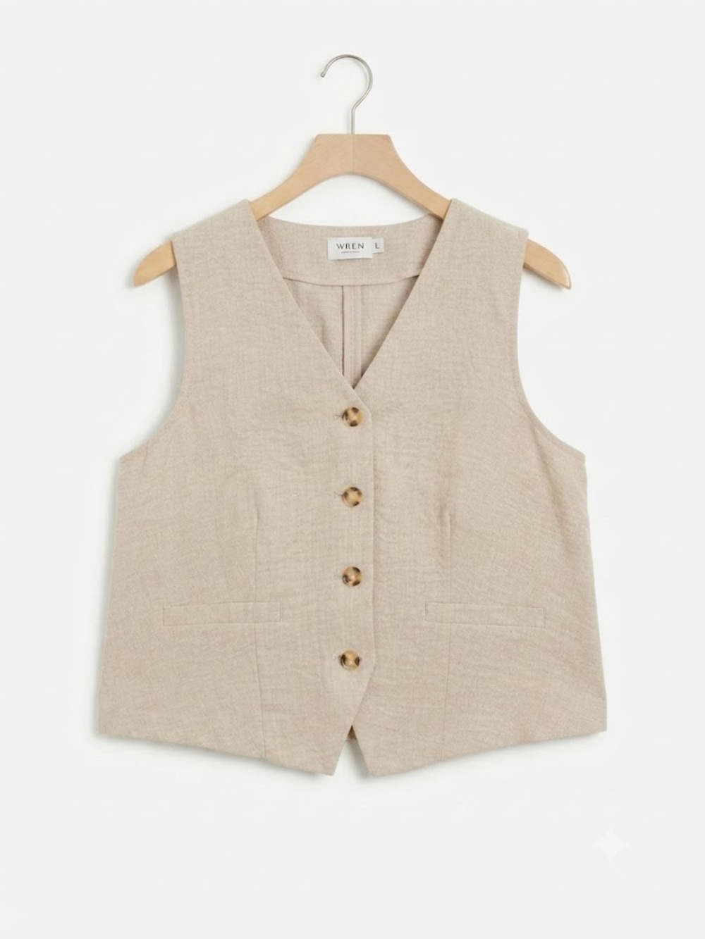 Wren Beige Linen Blend Tailored Button Front Vest Waistcoat Size Large NWT
